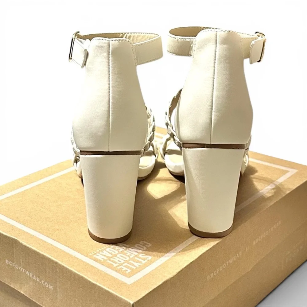 BC Footwear Wanna Be Off White Vegan Leather Braided Block Heel Sandals 8.5 - Picture 3 of 7